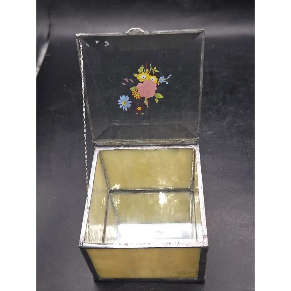 Vtg Glass Metal Leaded Trinket Jewelry Box Hinged Stained Glass Mirror Bottom